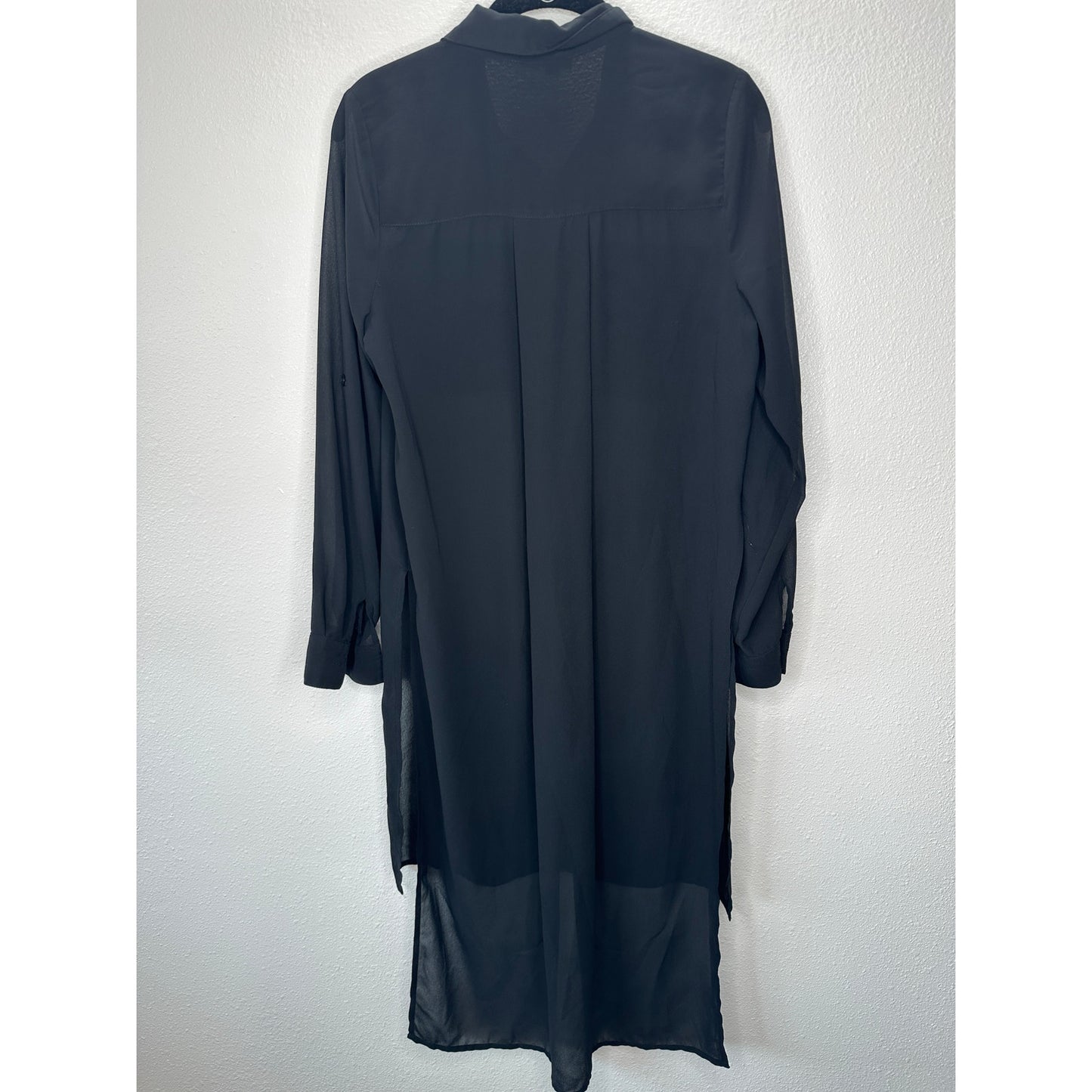 Comme Black Sheer Collared Front Button High Low Long Sleeve Shirtdress S / M