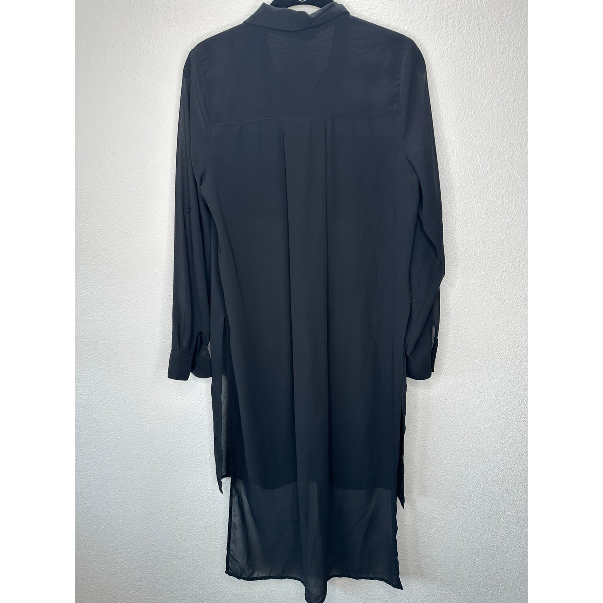Comme Black Sheer Collared Front Button High Low Long Sleeve Shirtdress S / M