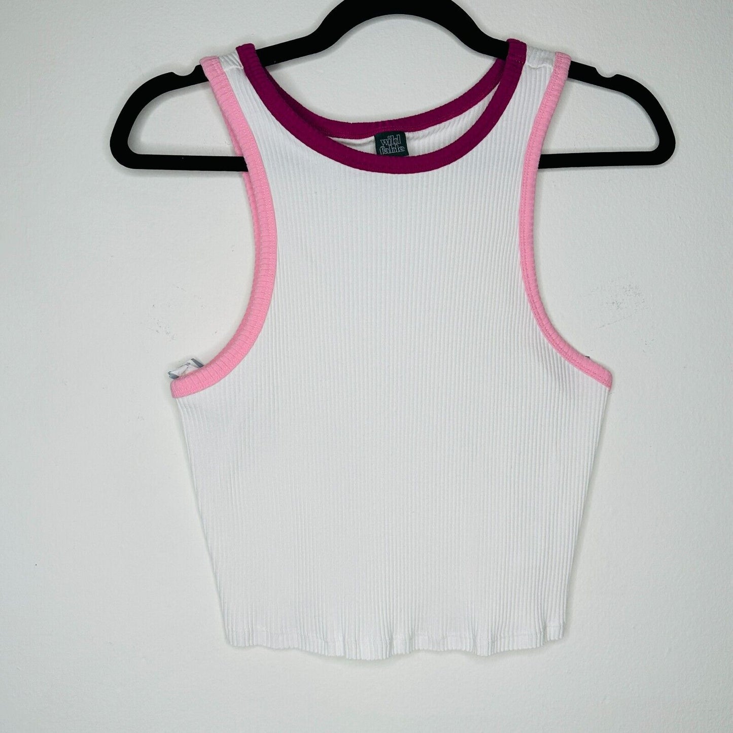 Wild Fable Sassy White Rib Knit Racer Tank Crop Top Pink & Purple Neck Trim L