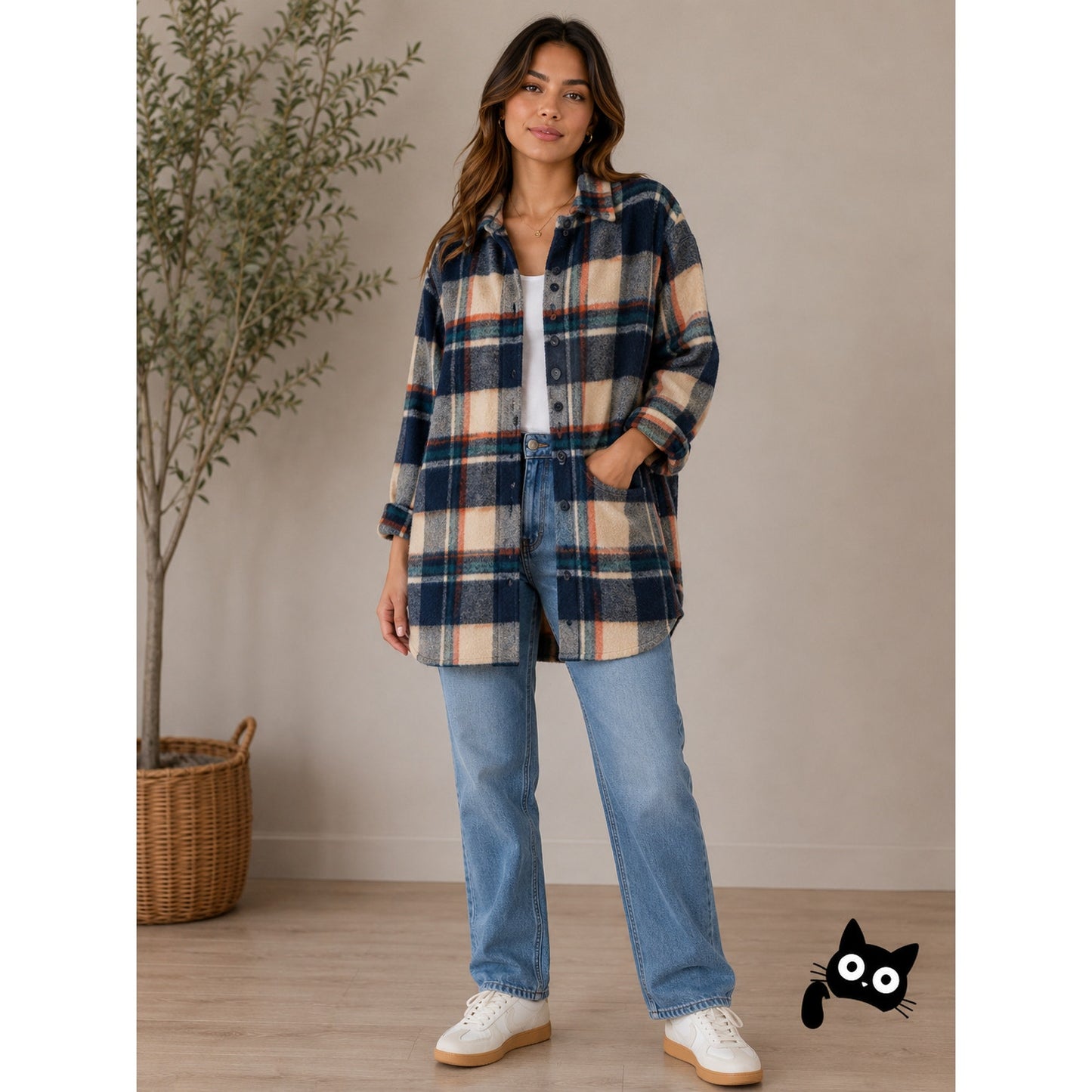 Urban Daizy Tan Navy Orange Plaid Button Long Sleeve Shacket M