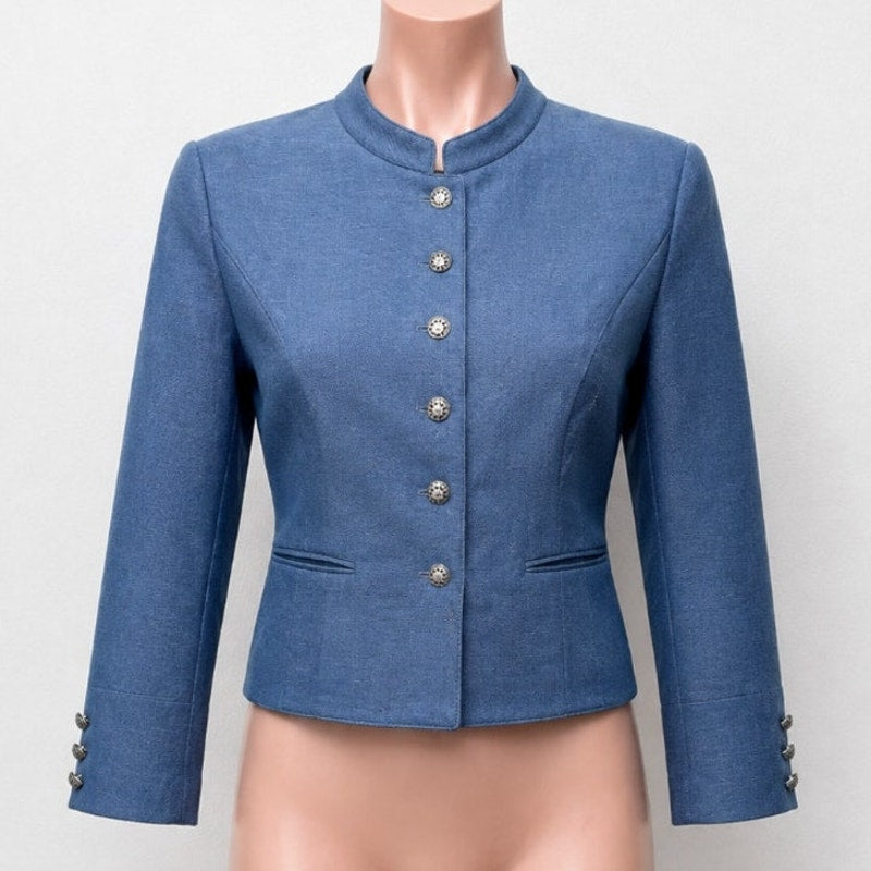 Loden Plankl Denim Blue Linen Band Neck Silver Floral Decorative Buttons Blazer Jacket