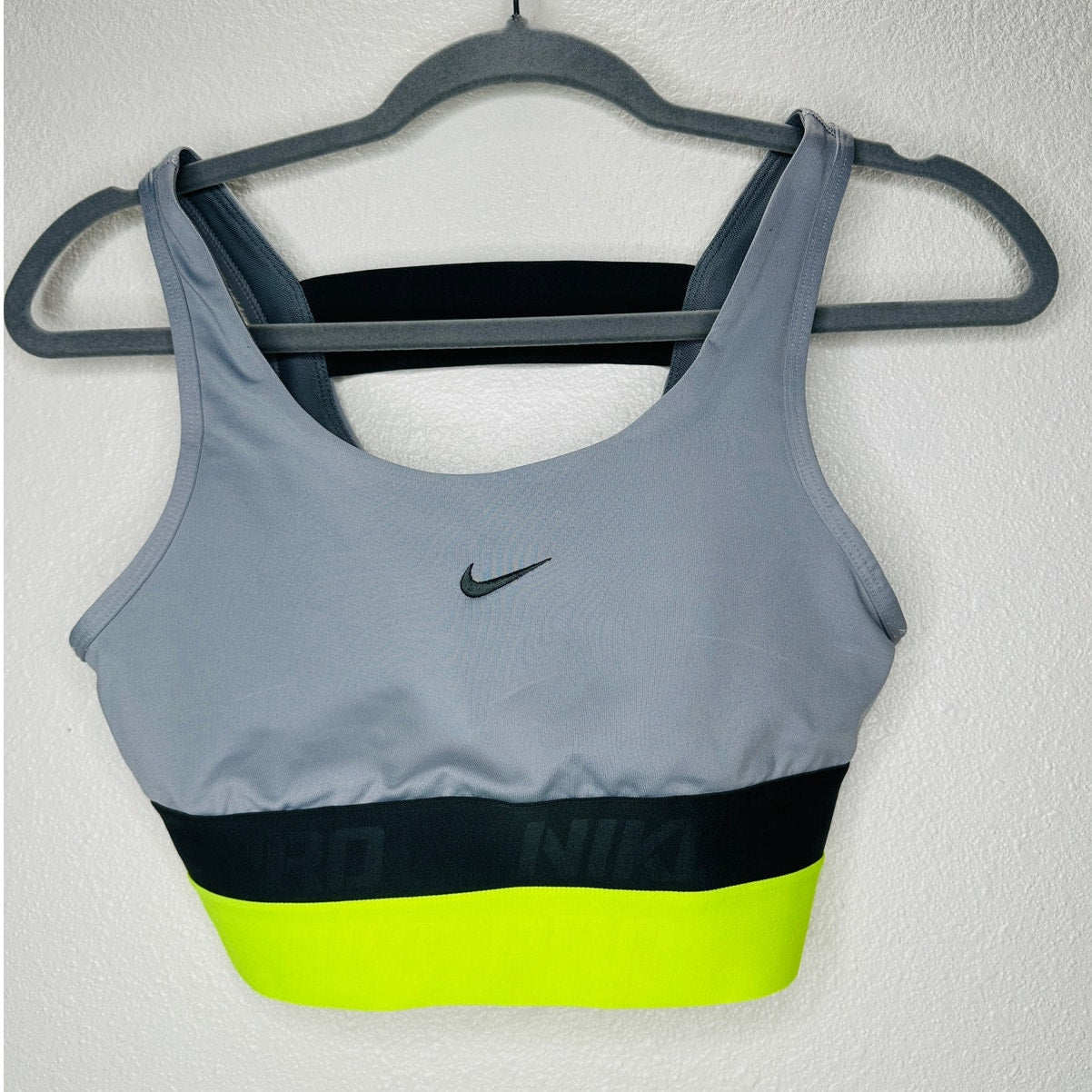 Nike Pro Gray Black Florescent Yellow Sports Bra Small