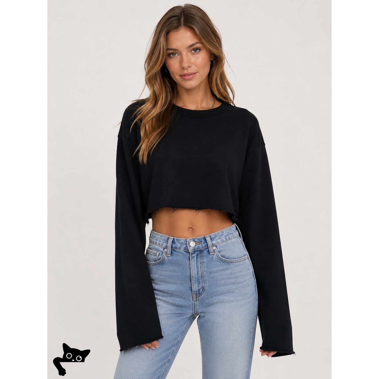 Lovers + Friends Laguna Black Round Neck Long Sleeve Raw Hem Crop Sweater S