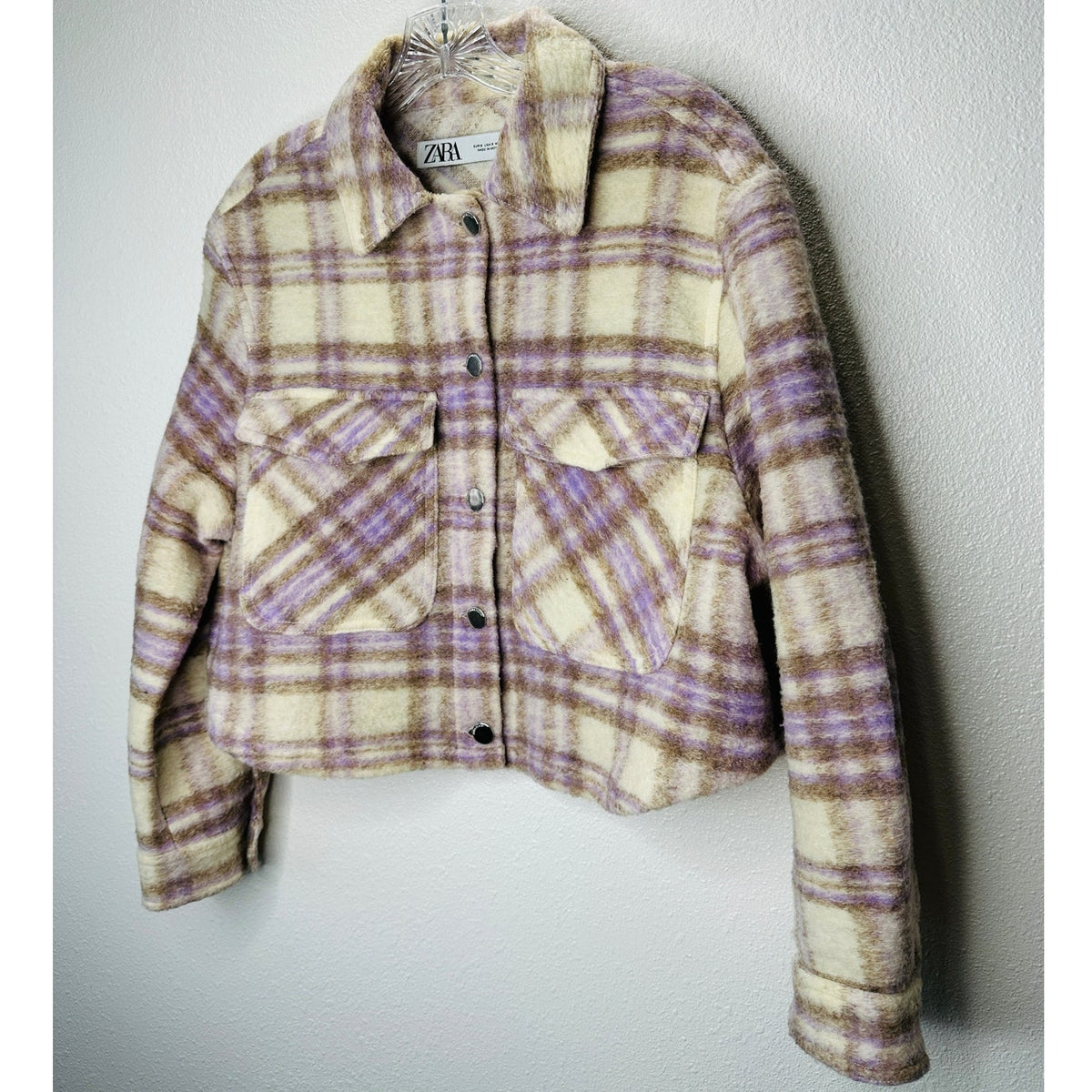 Zara Fuzzy Cream Purple Tan Plaid Front Button Pocket Crop Jacket Small