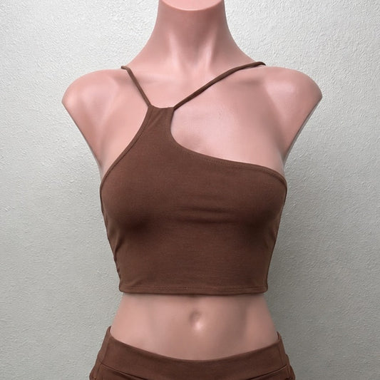 Alix NYC Chocolate Brown Avon Asymmetrical One Shoulder Thin Strap Crop Top S