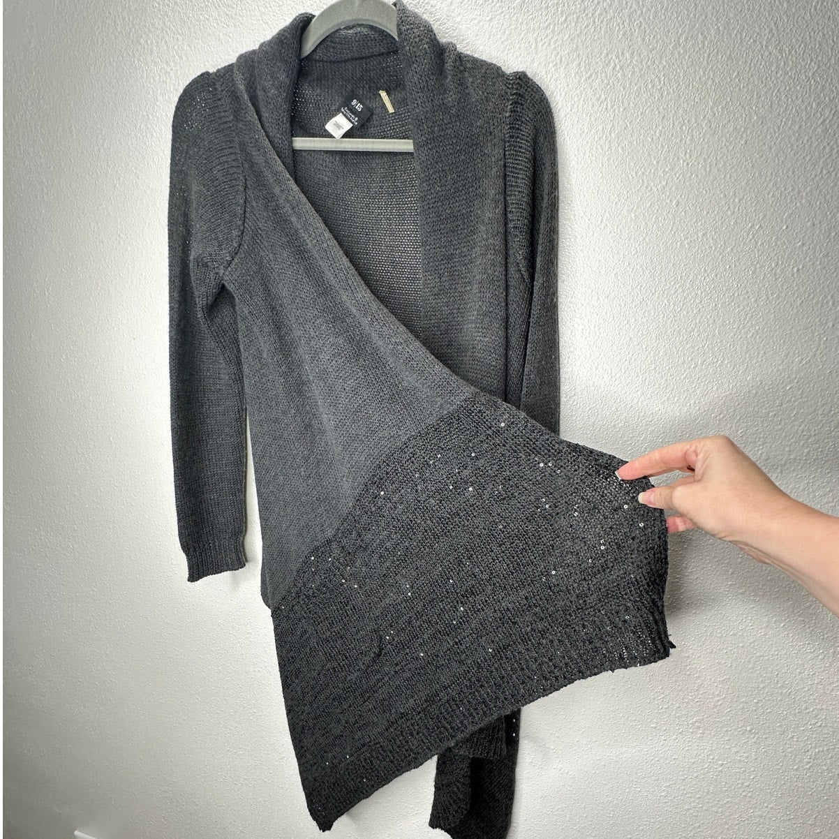 9/15 Saks 5th Ave Dark Gray Waterfall Front Cardigan with Sequins Large