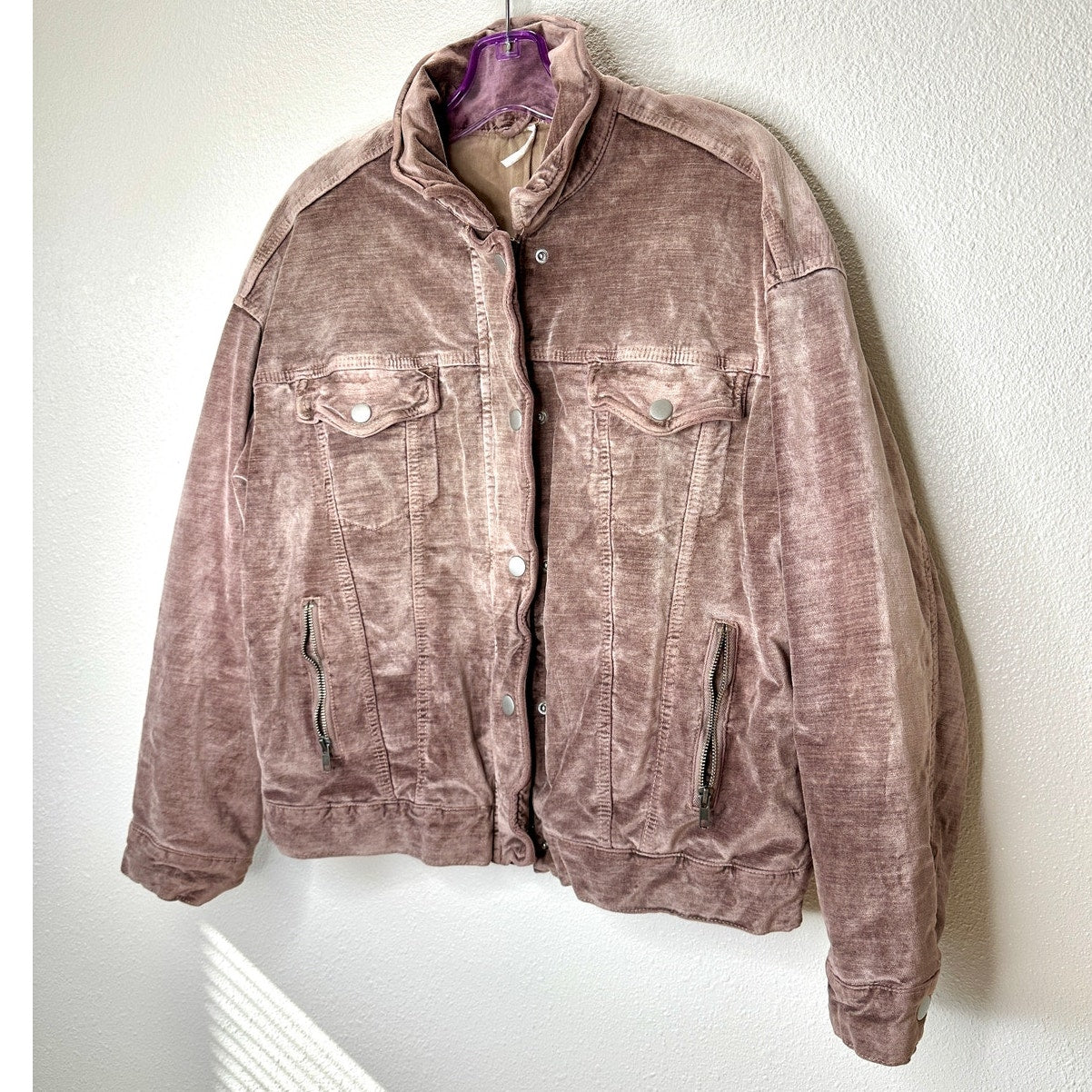 Free People Mauve Velvet Front Zip Trucker Bomber Jacket XS / S