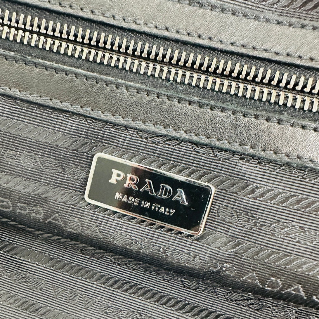 Prada Vintage 90s Black Nylon & Leather Buckle Braided Handle Purse