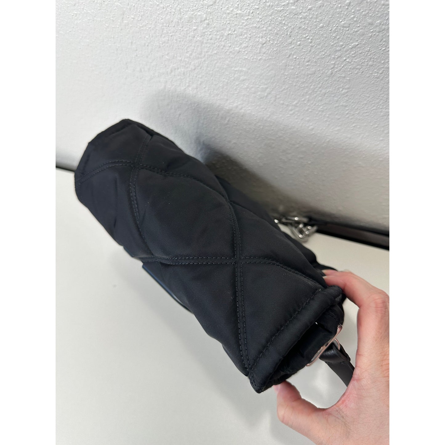 BYL Small Black Padded Nylon Crossbody Bag Leather & Chain Strap