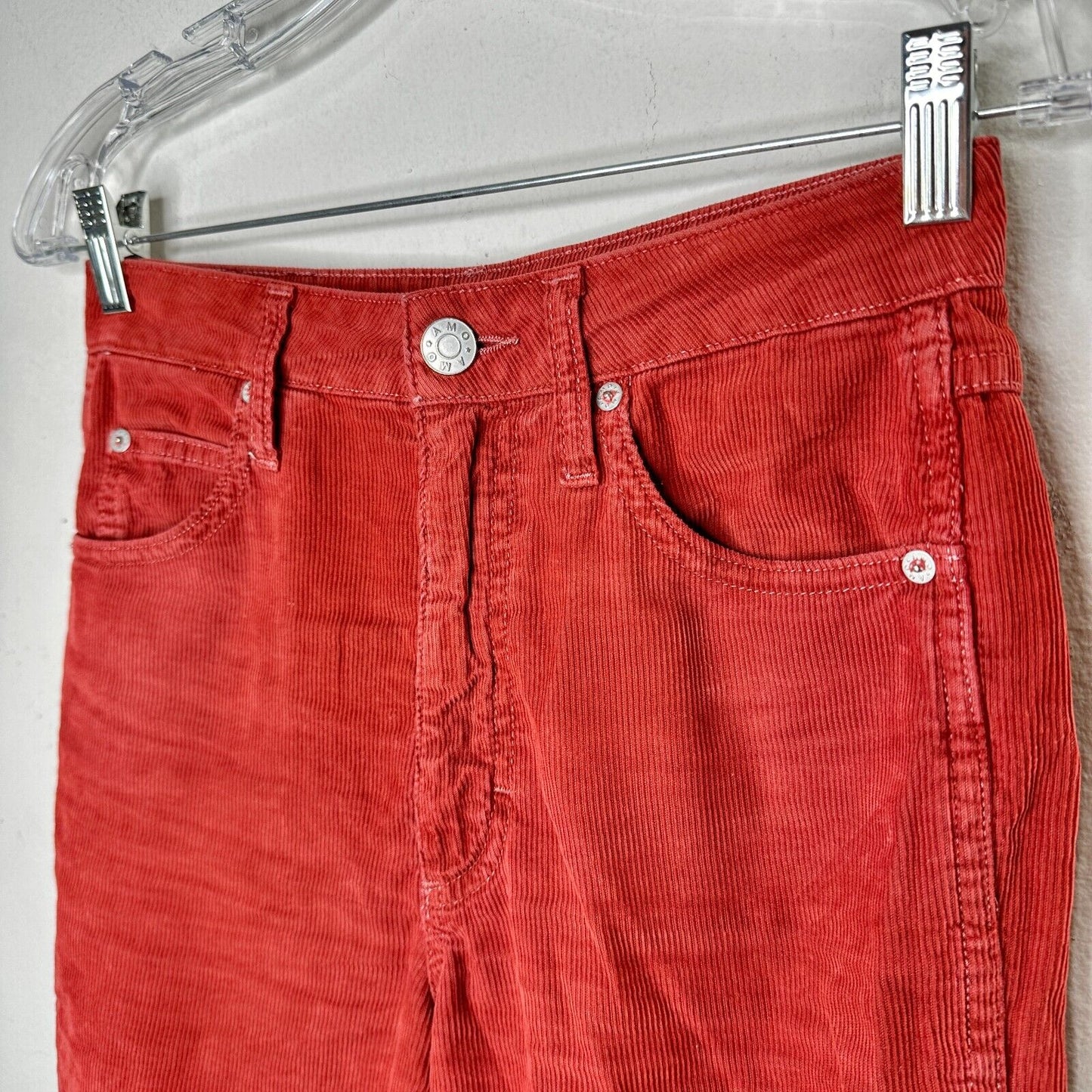 AMO The Chloe Rust Red Corduroy Straight Leg Crop Pant Trousers Washed Red 26