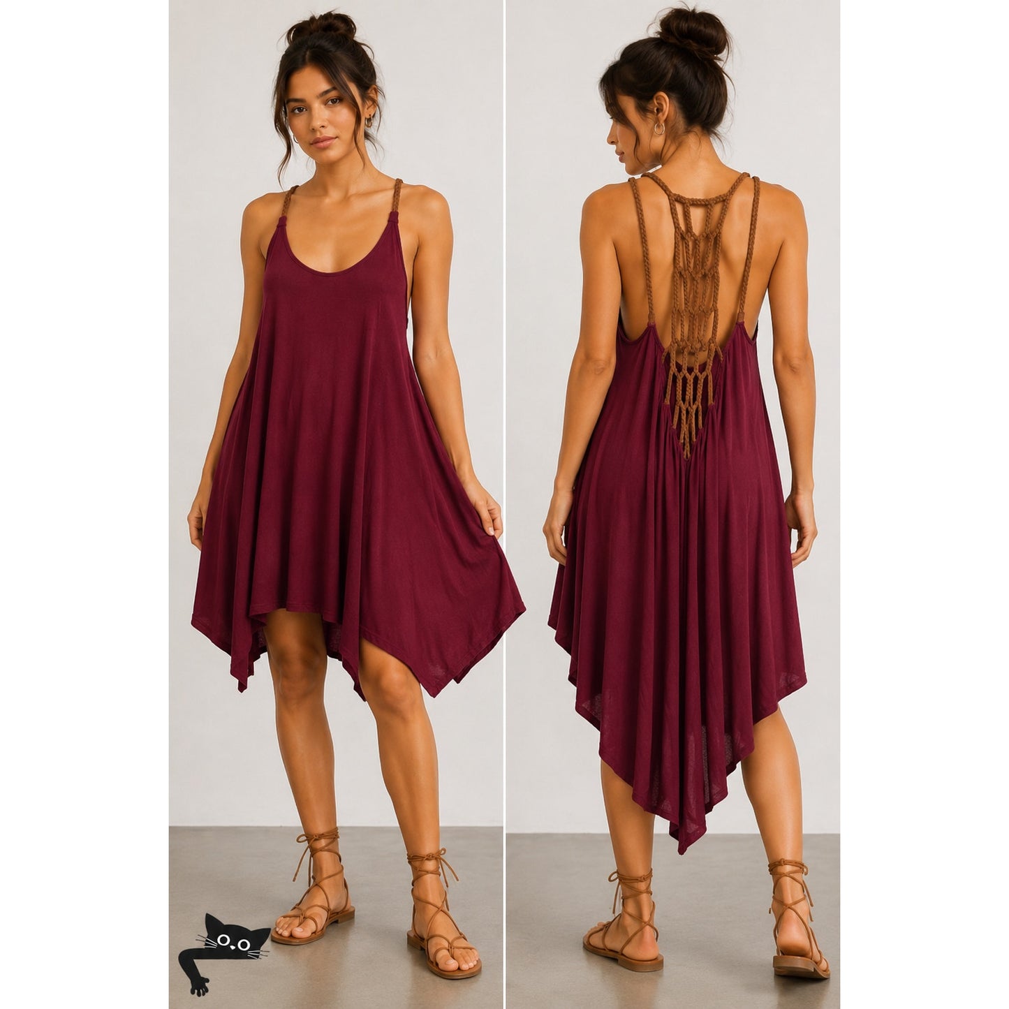 Sky Burgundy Scoop Neck Hand Braided Leather Design Back Strap Flowy Dress XS