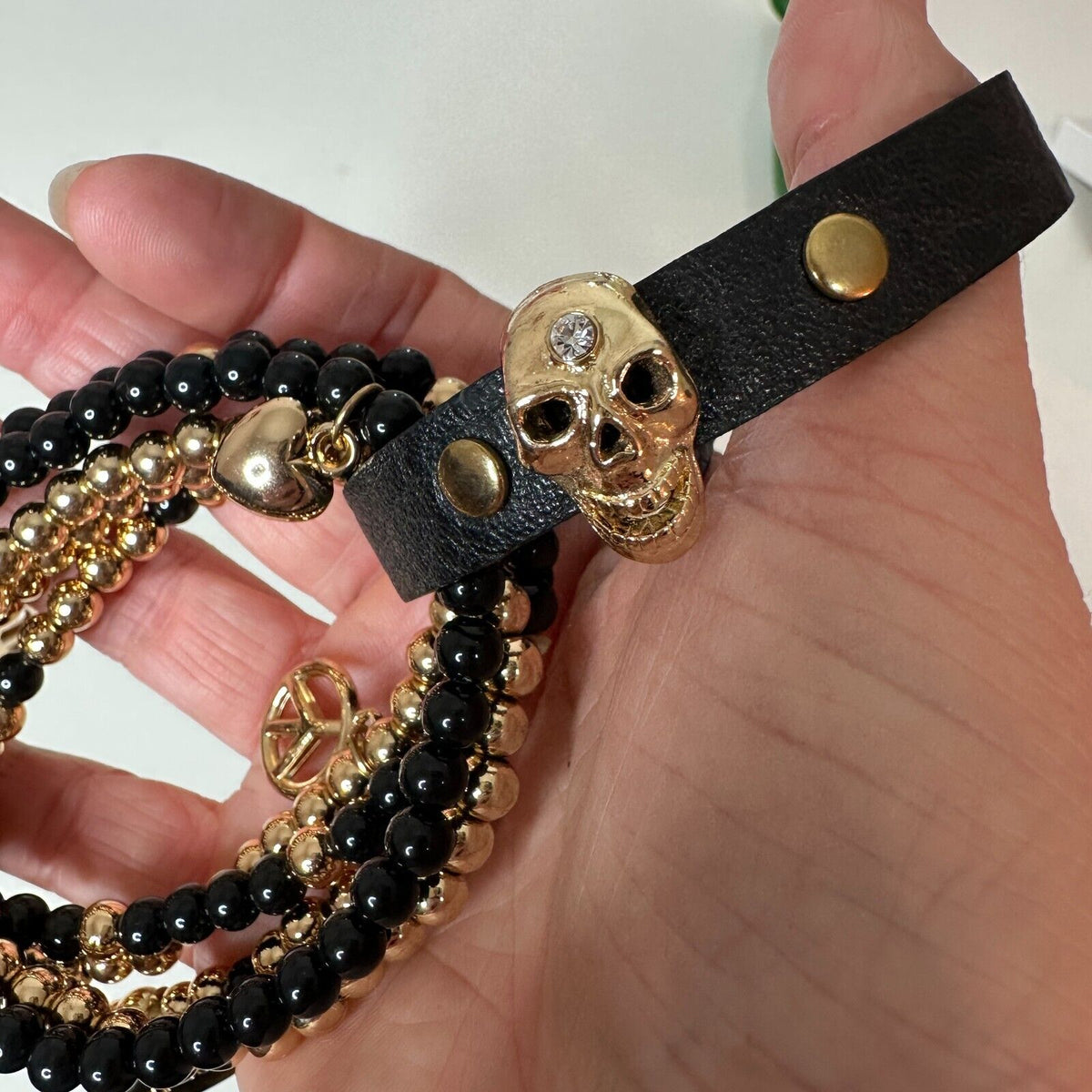 NWOT Macy's Black & Gold Multilayer Skull Heart Peace Bead Leather Wrap Bracelet