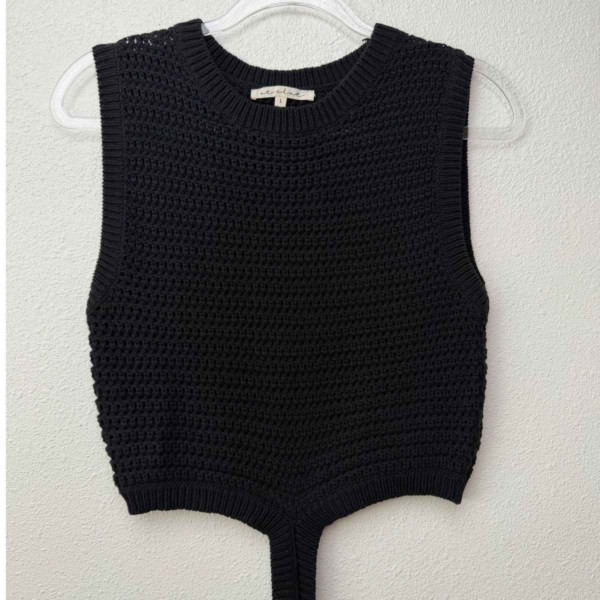 Et Clet Black Crochet Open Knit Wrap Tie Crop Sweater Vest L
