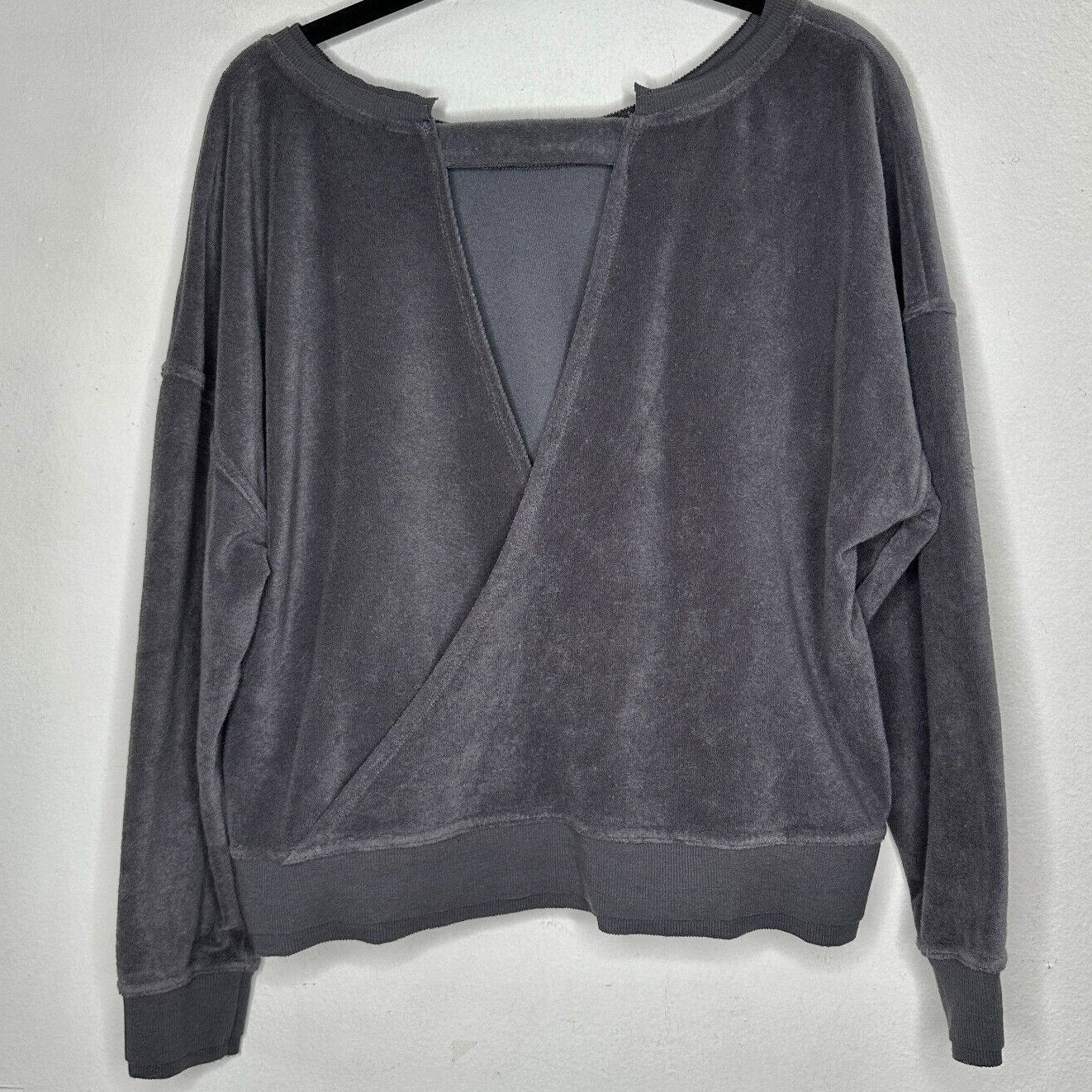 Joy Lab Dark Gray Long Sleeve Crop Terrycloth Sweater Faux Wrap Open V-Back SM