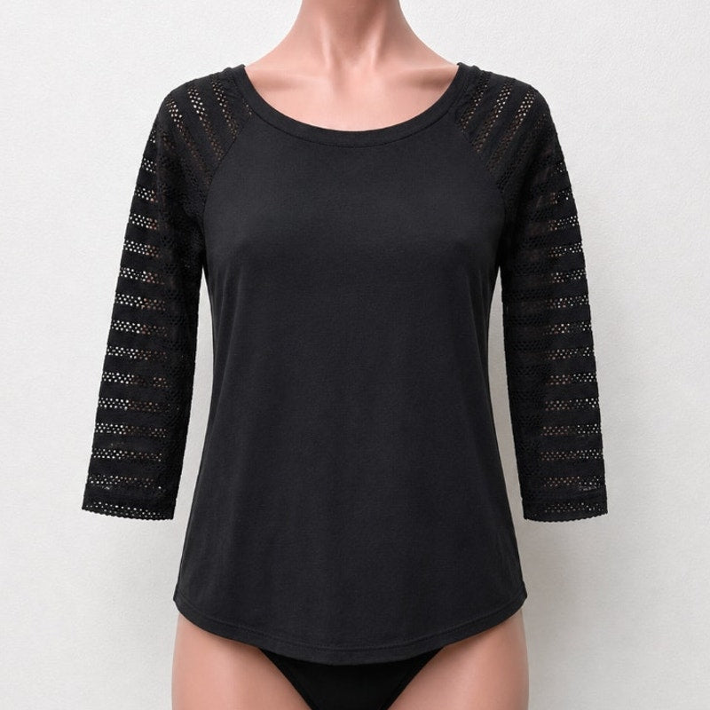 Ann Taylor Loft Black 3/4 Sleeves Cut-Out Triangle Stripe Round Neck Shirt XXP
