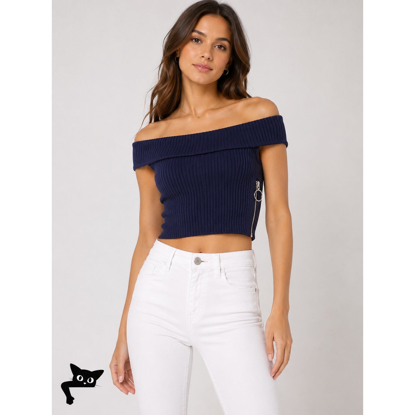 Arc Navy Blue Off Shoulder Ribbed Sweater Silver Side Zip Crop Top P S