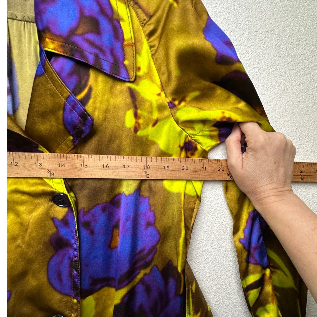 Dries Van Noten floral satin trench coat yellow women US 8 double-breasted