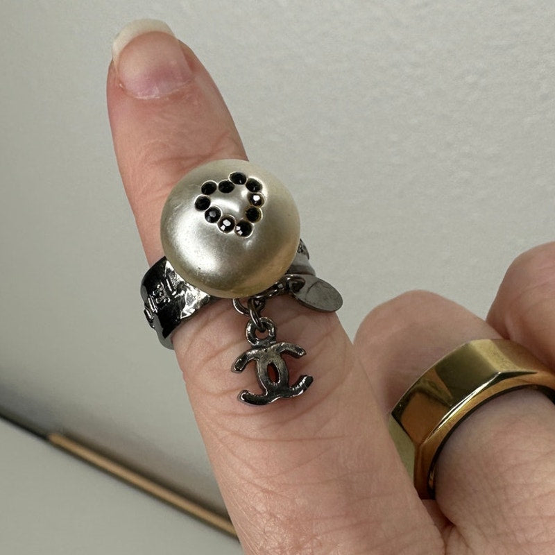 Chanel Paris Silver  Embossed Logo Pearl Crystal Heart Dangle Ring 6.5