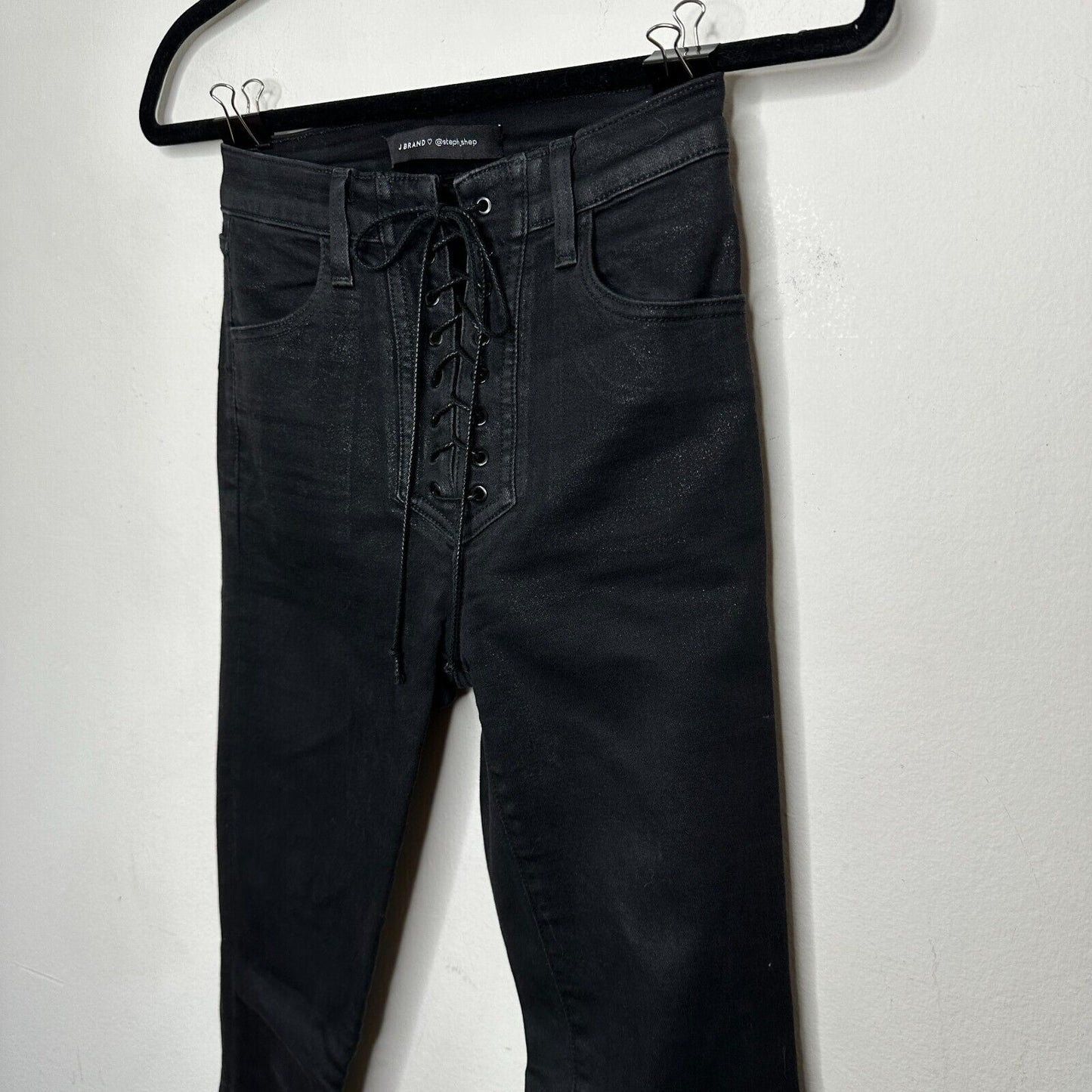 J Brand Steph Shep Charcoal Black High-Rise Laced Up Skinny Jean Vendetta 25