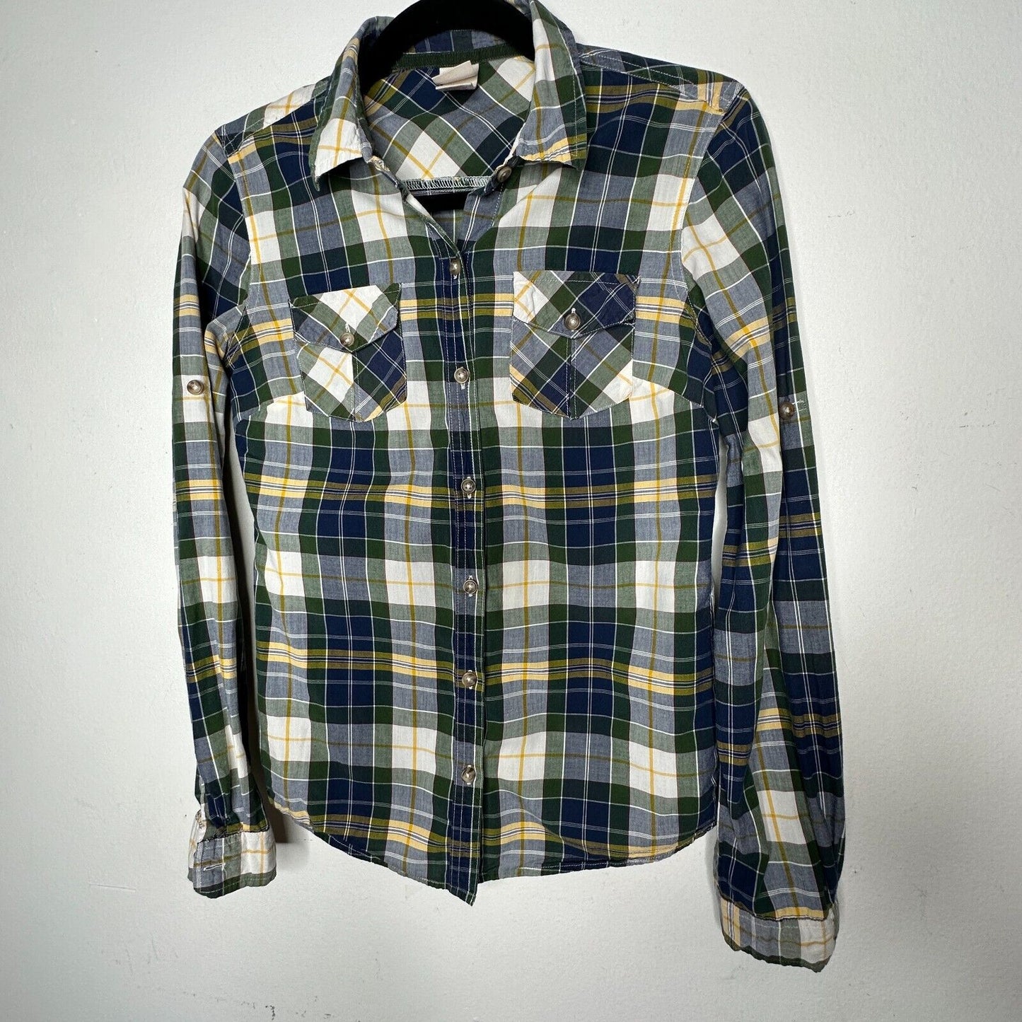 Mossimo Supply Green Blue Yellow White Plaid Button Front Long Sleeve Shirt SM