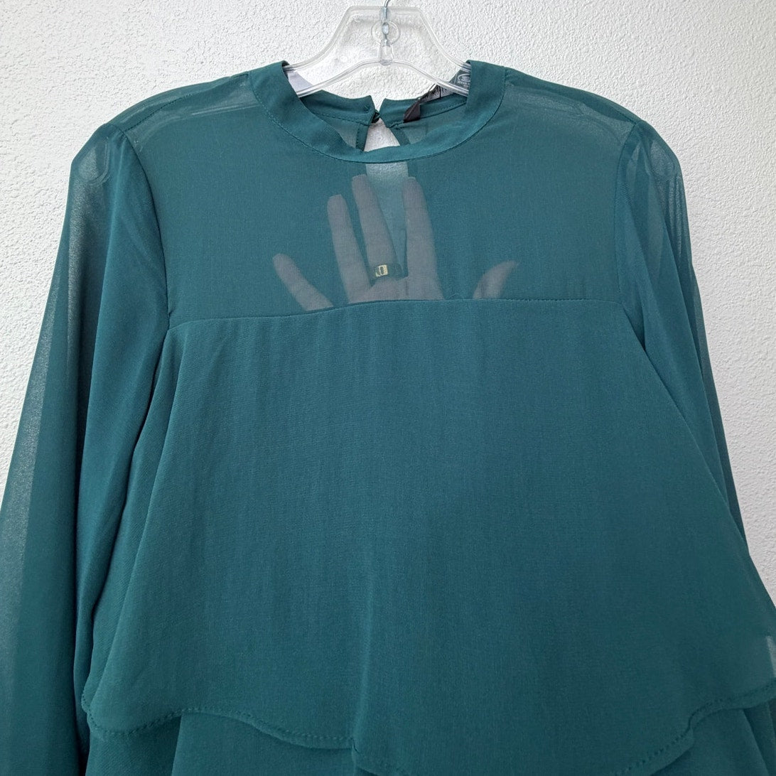 NWT Zara Green Chiffon Tiered Ruffle Long Sleeve Mini Dress Women's US S