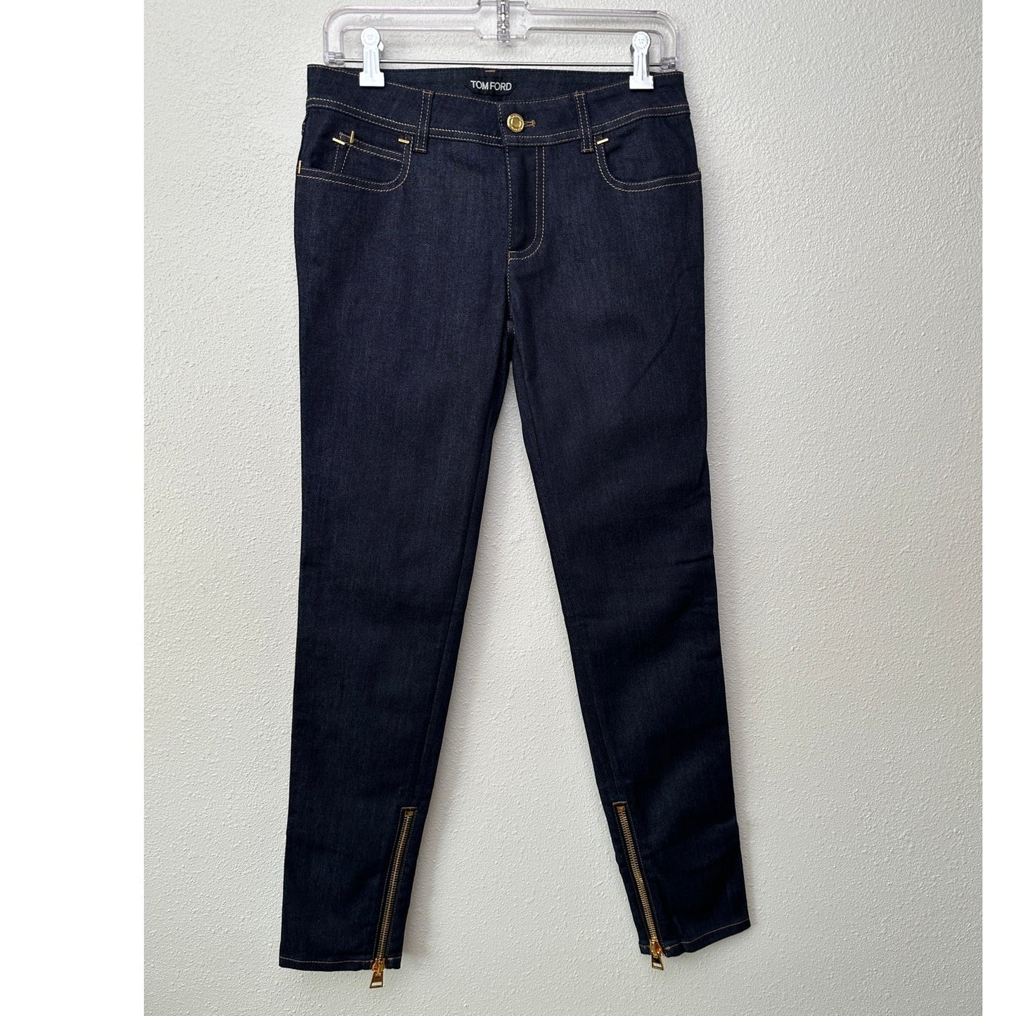 NWT Tom Ford Dark Indigo Skinny Jeans Women’s 29 Low Rise Gold Zip Ankles