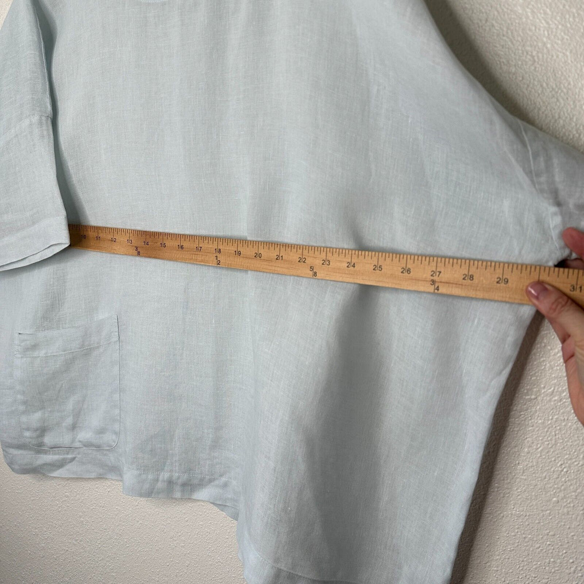 Eskandar Light Blue Boxy Linen Short Sleeve Front Pocket Round Neck Blouse Top 6
