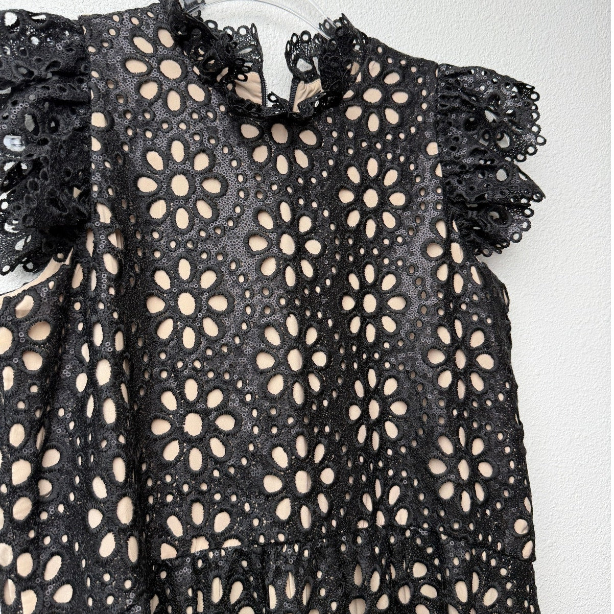 Sea New York Black Eyelet Lace Mock Neck Ruffle Dress US 0