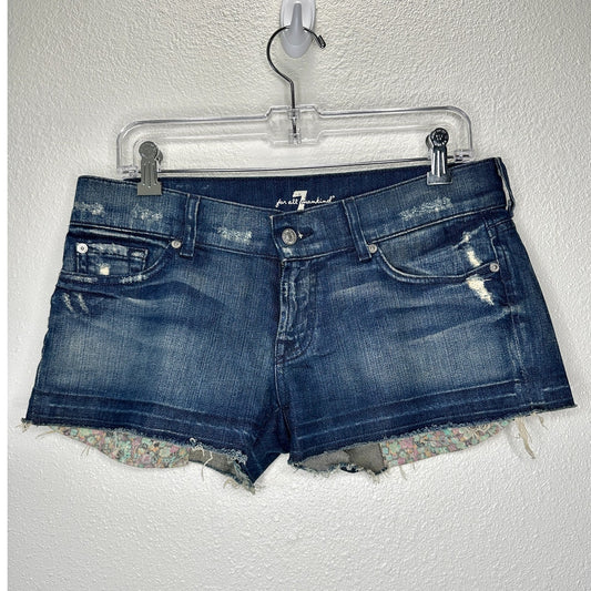 7 For All Mankind Dark Blue Distressed Low Rise Raw Hem Jean Shorts 29