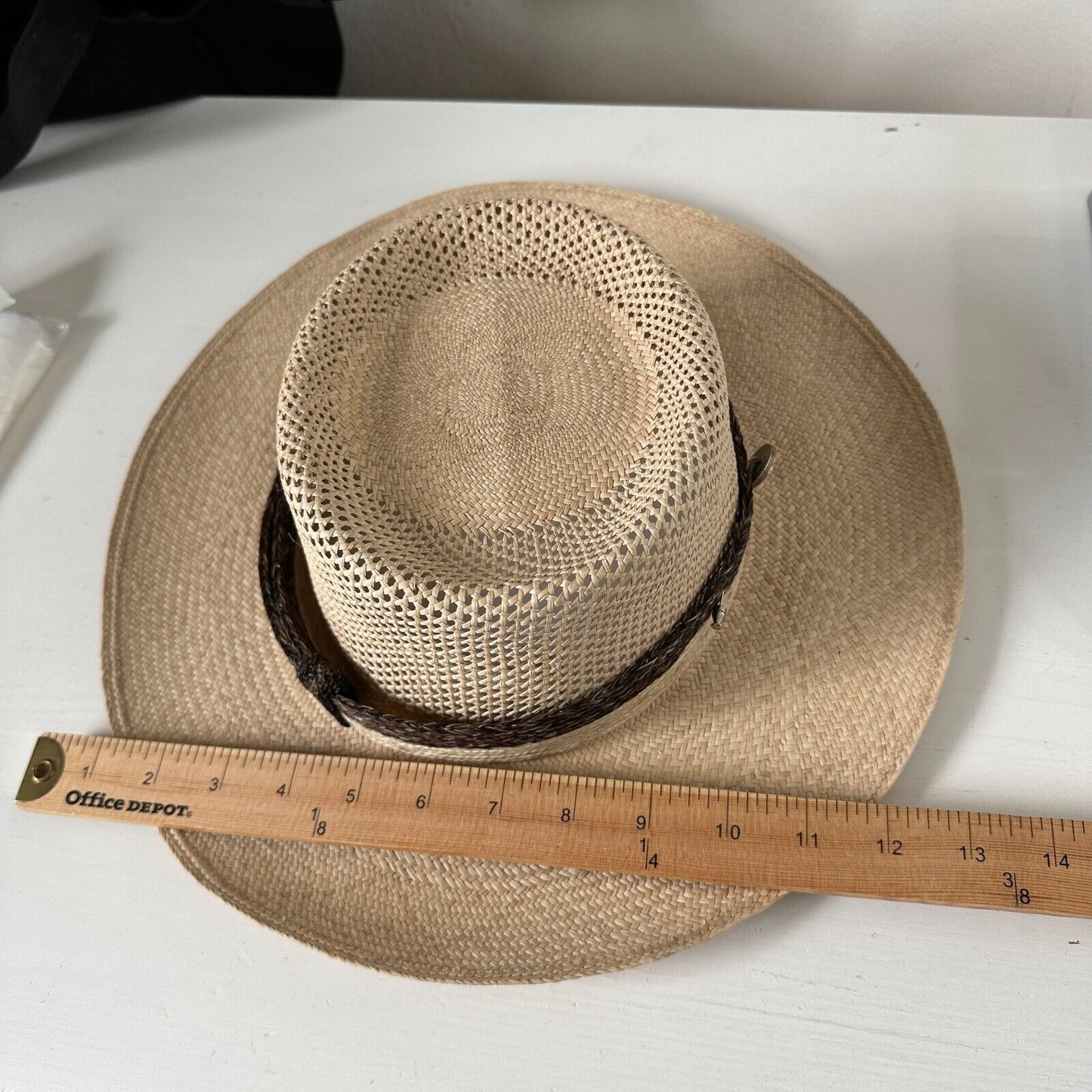 Temple Tan & Brown Basket Weave Rattan Wide Brim Hat Embellished Dark Brown Band