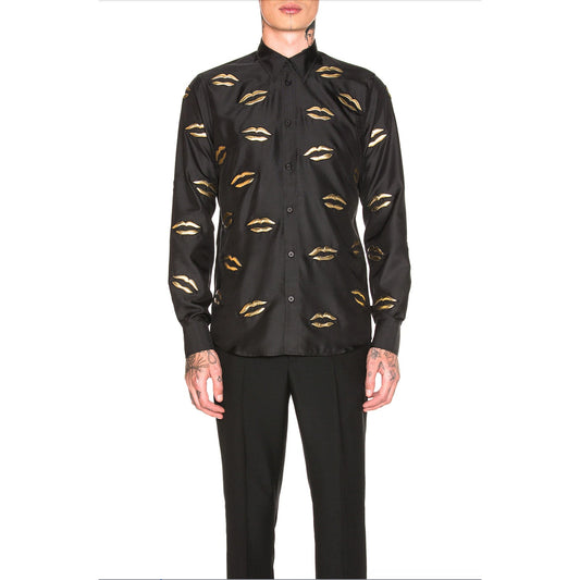 Givenchy Black with Gold Embroidery Lips Button Front Long Sleeve Shirt 38 / M