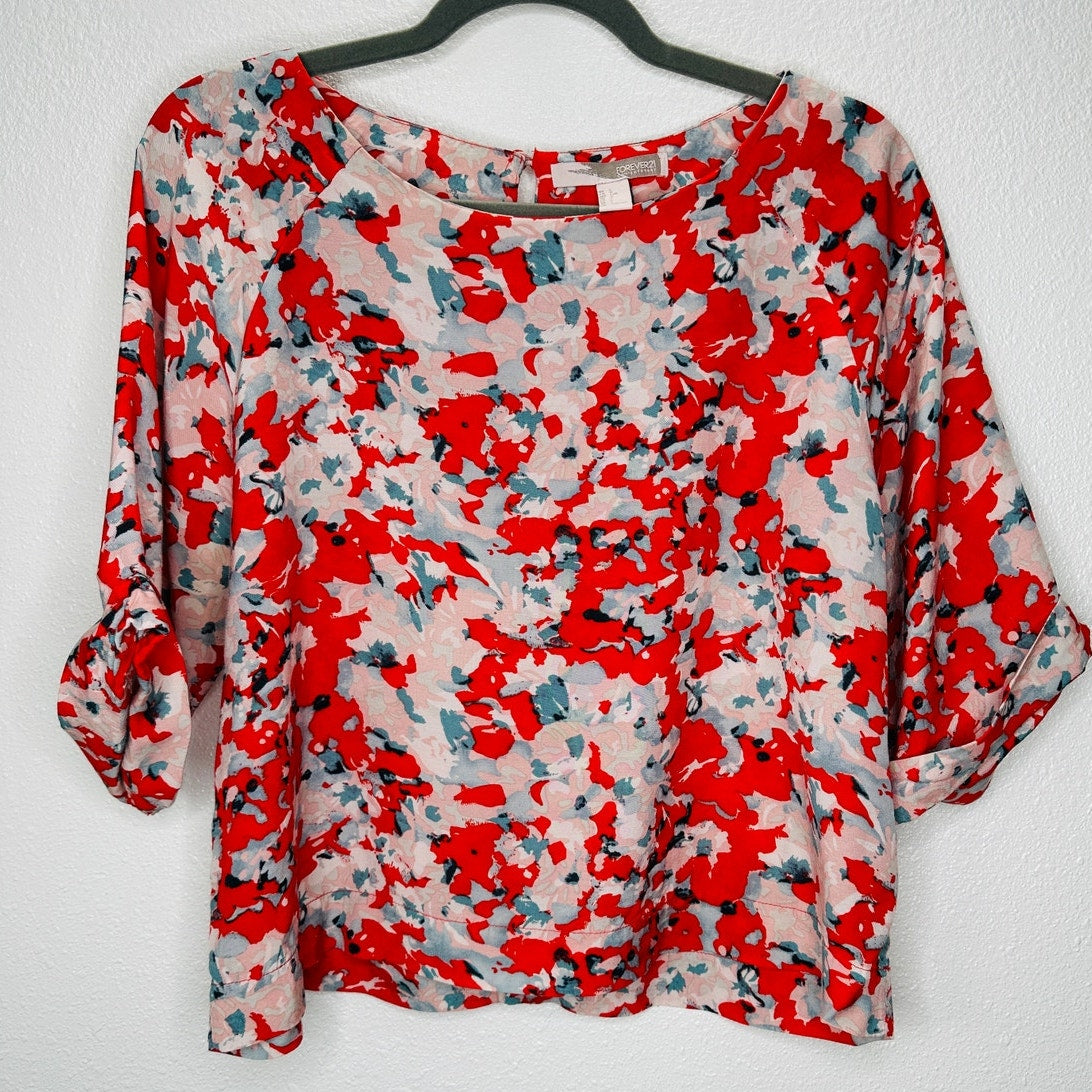Cute Red Pink Blue Floral 3/4 Cuffed Sleeves Wide Round Neck Blouse Top L
