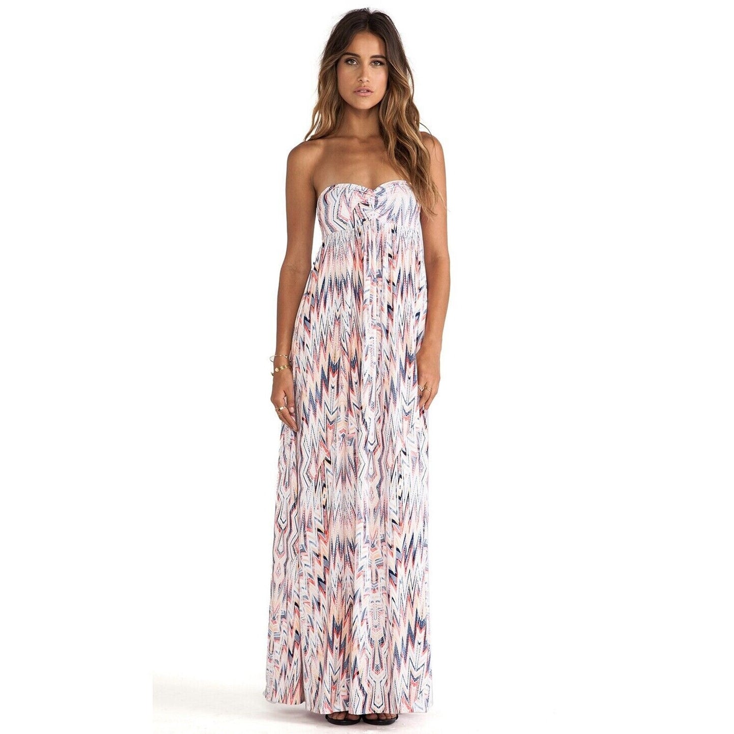 Ella Moss Xander Bandeau Style Pleated White Blue Red Aztec Print Maxi Dress SM