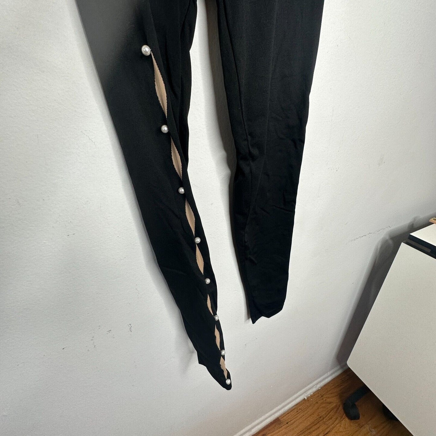 Wolford Sexy Black Linda Leggings Open Side Slit Tan & Pearl Embellishment Small