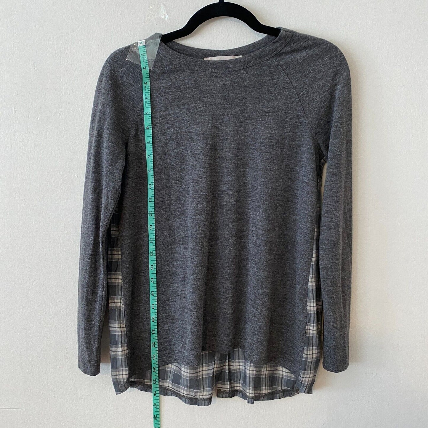 Ann Taylor Loft High Low Medium Gray Top Gray Blue & Cream Plaid Button Down XSP