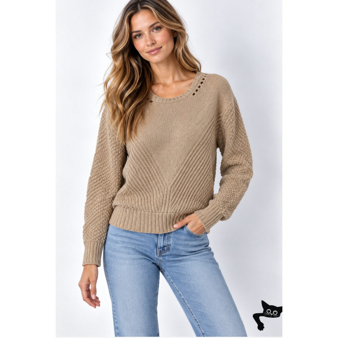 Wildfox Weekday Fuzzy Chunky Knit Design Oatmeal Tan Boxy Sweater Jumper S