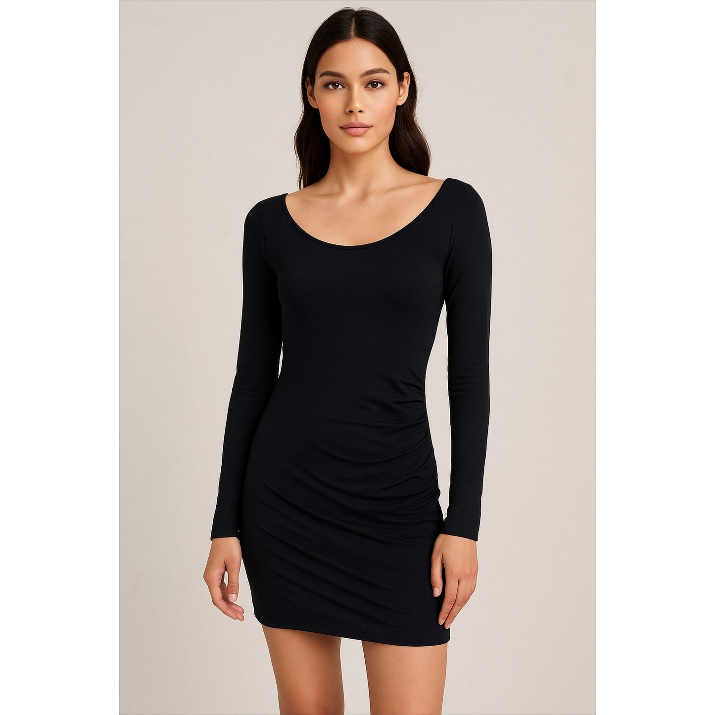 Club Monaco Sexy Jet Black Bodycon Long Sleeve Boat Neck Side Ruche Mini00
