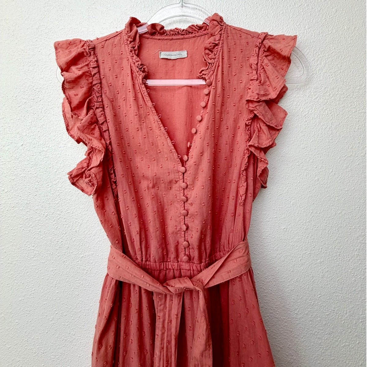 Outerknown Canyon Ruffle Maxi Dress Coral Swiss Dot Cotton Women's US XS