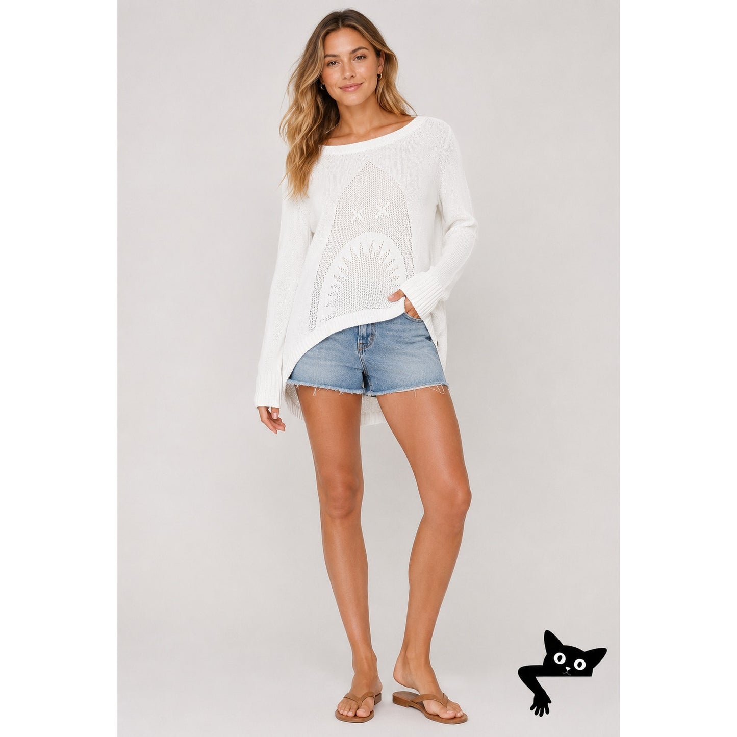 Billabong White Boat Neck High Low Shark Knit Pattern Sweater M