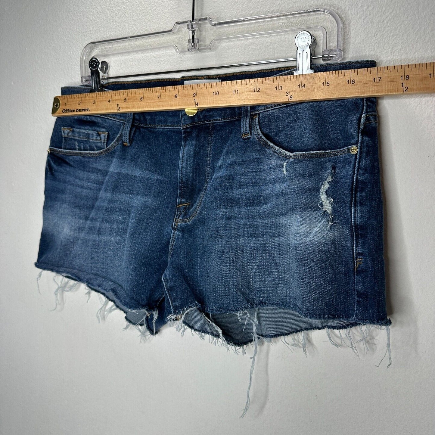 Frame Le Cutoff Medium Blue Wash Distressed Raw Hem Front Zip Jean Shorts 31