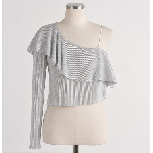 Silver Metallic Shiny Striped Ribbed One Shoulder One Long Sleeve Ruffle Top S