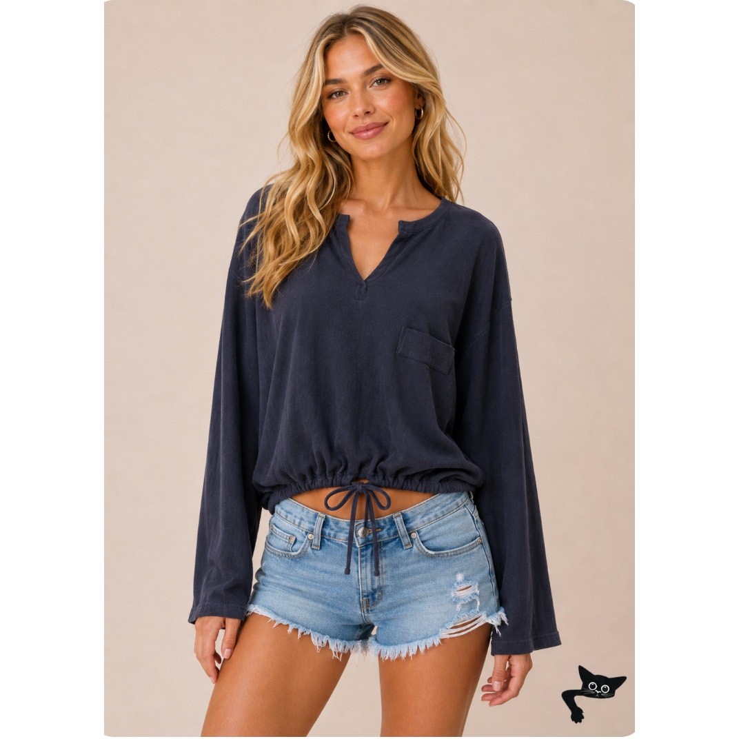 French Connection Drawstring Hem Silk Blend Long Sleeve VNeck Navy Sweater L