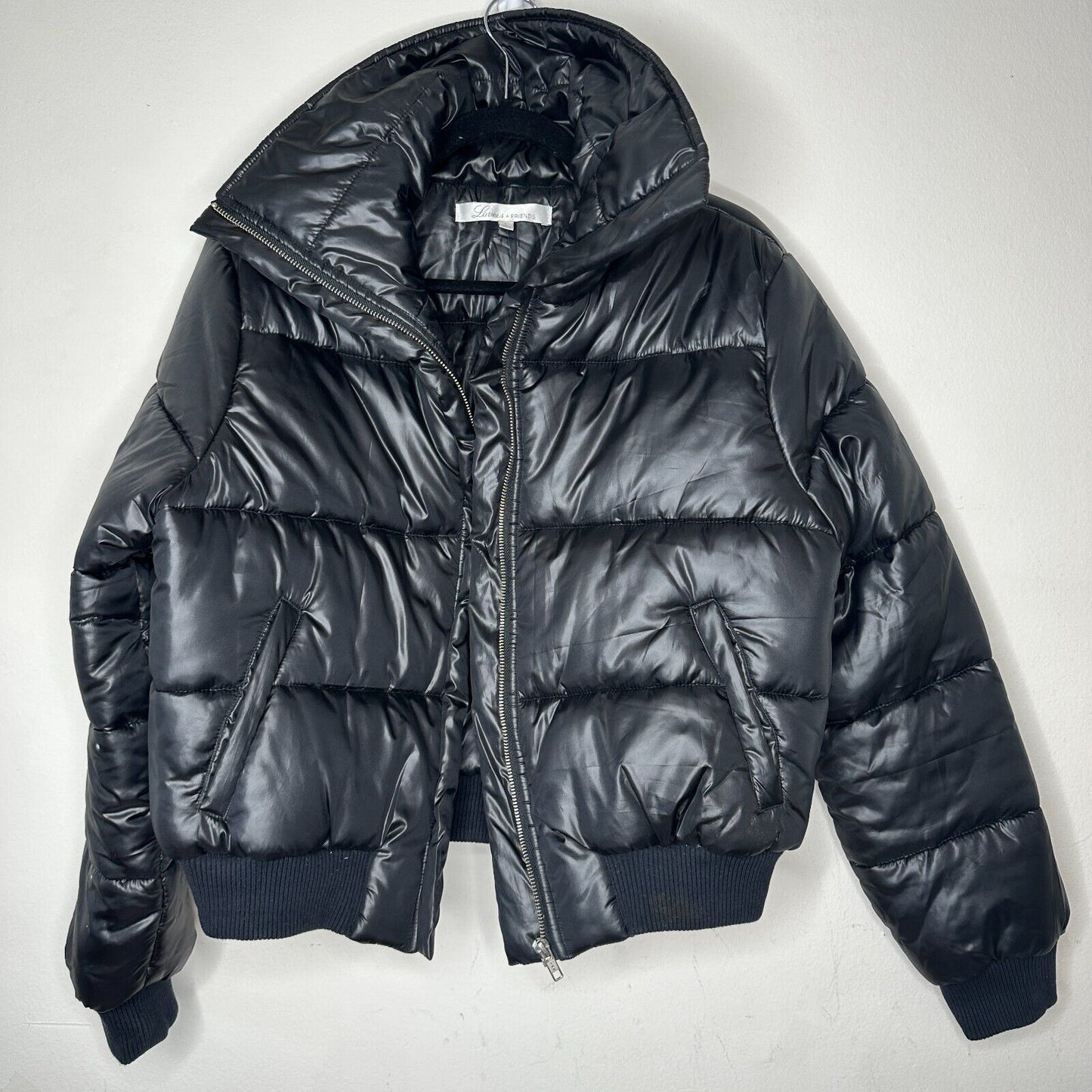 Revolve Lovers + Friends Black Satin Puffer Jacket Banded Hem & Cuff Zip L