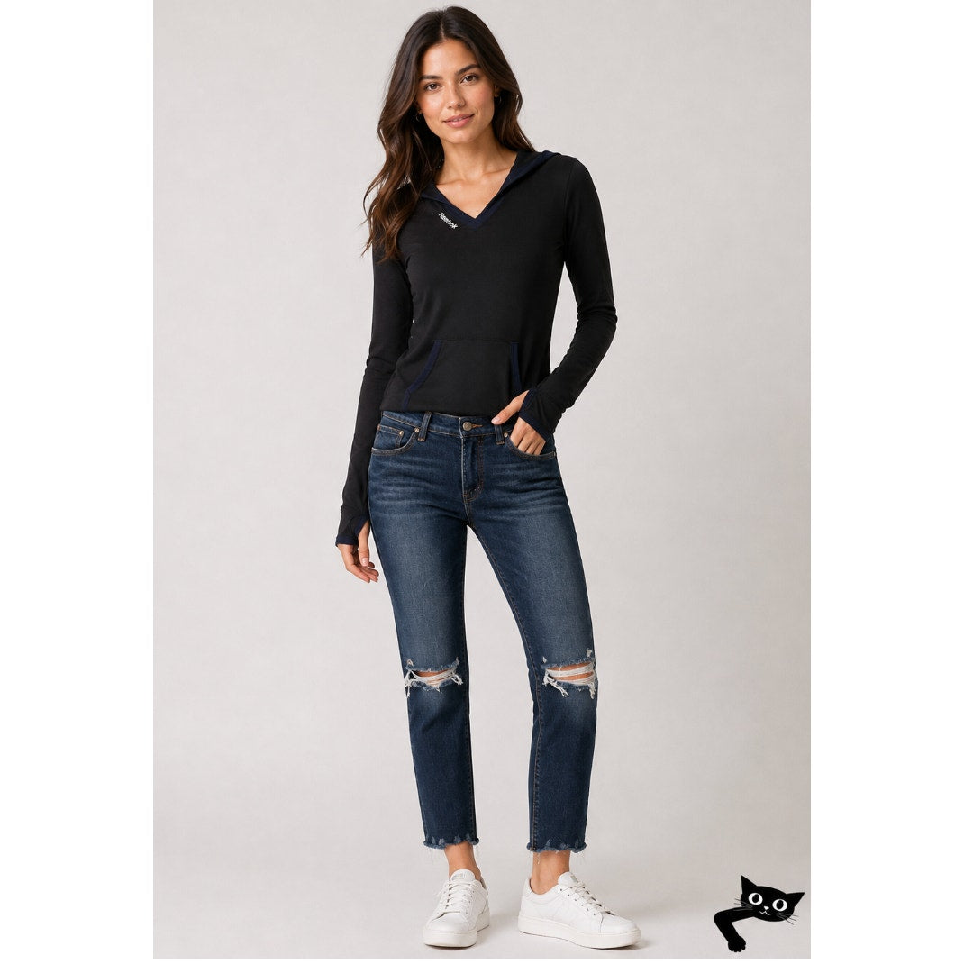 R13 High Rise Aiden Black Stone Wash Skinny Jeans Distressed Knees & Hem Size 26