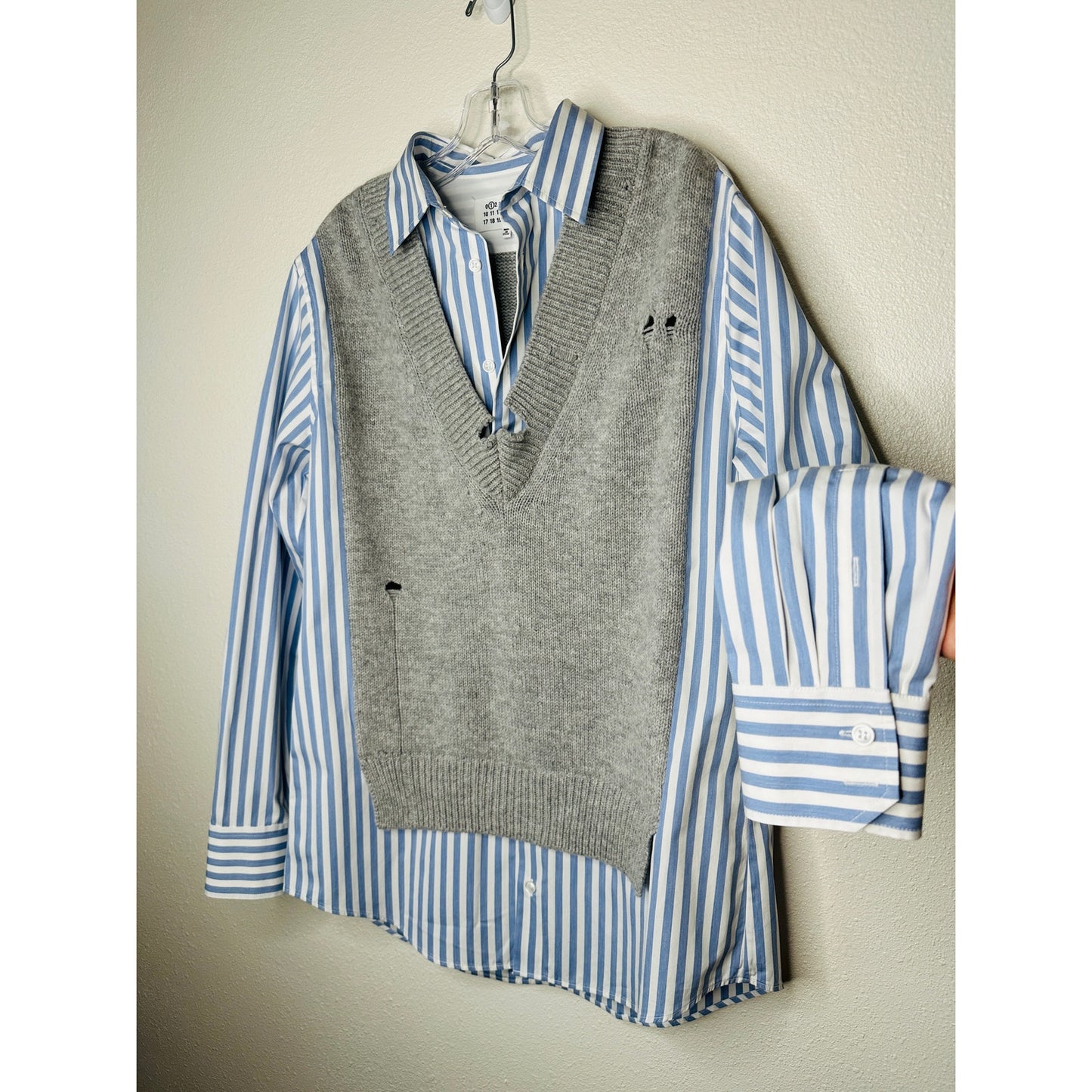 Maison Margiela Distressed Gray Vest Layered Blue & White Stripe Shirt