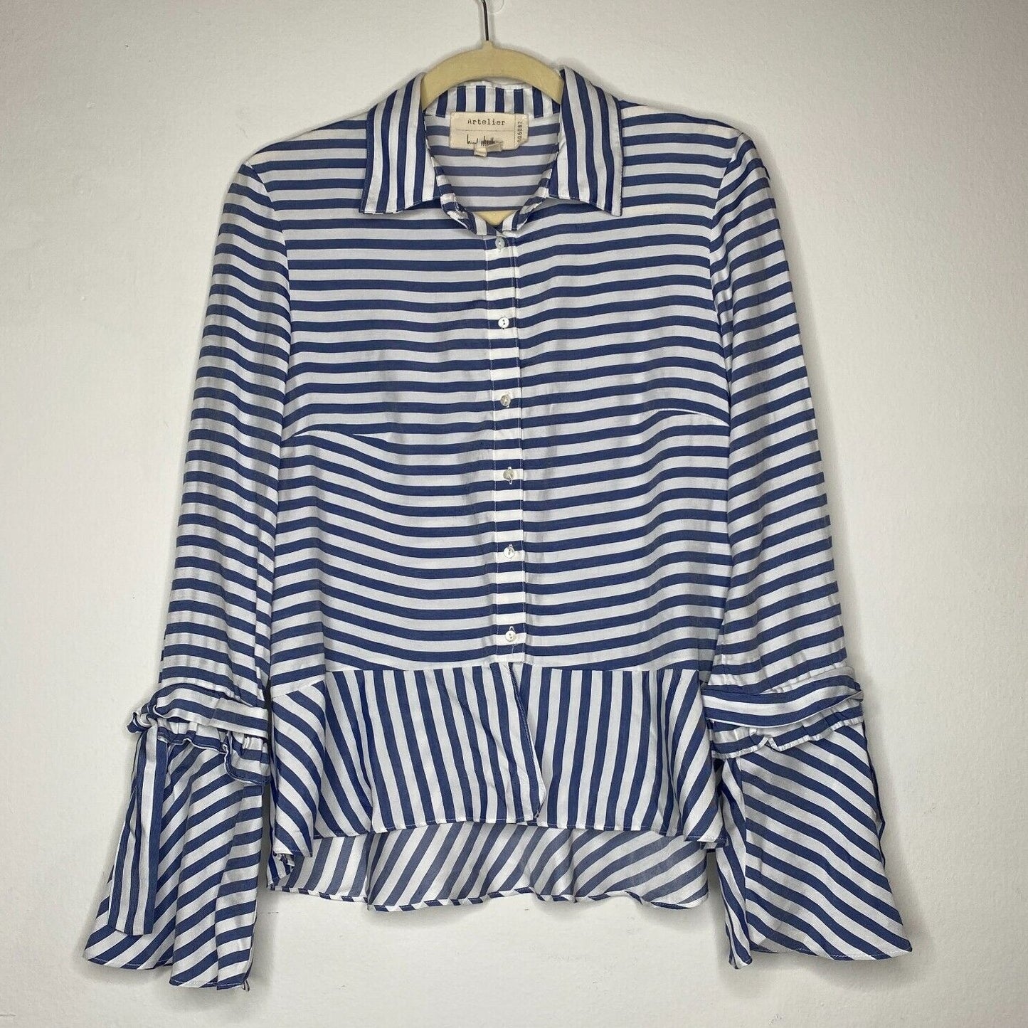 Artelier Blue and White Stripe Collar Button Down Bell Tie Sleeve Blouse XS