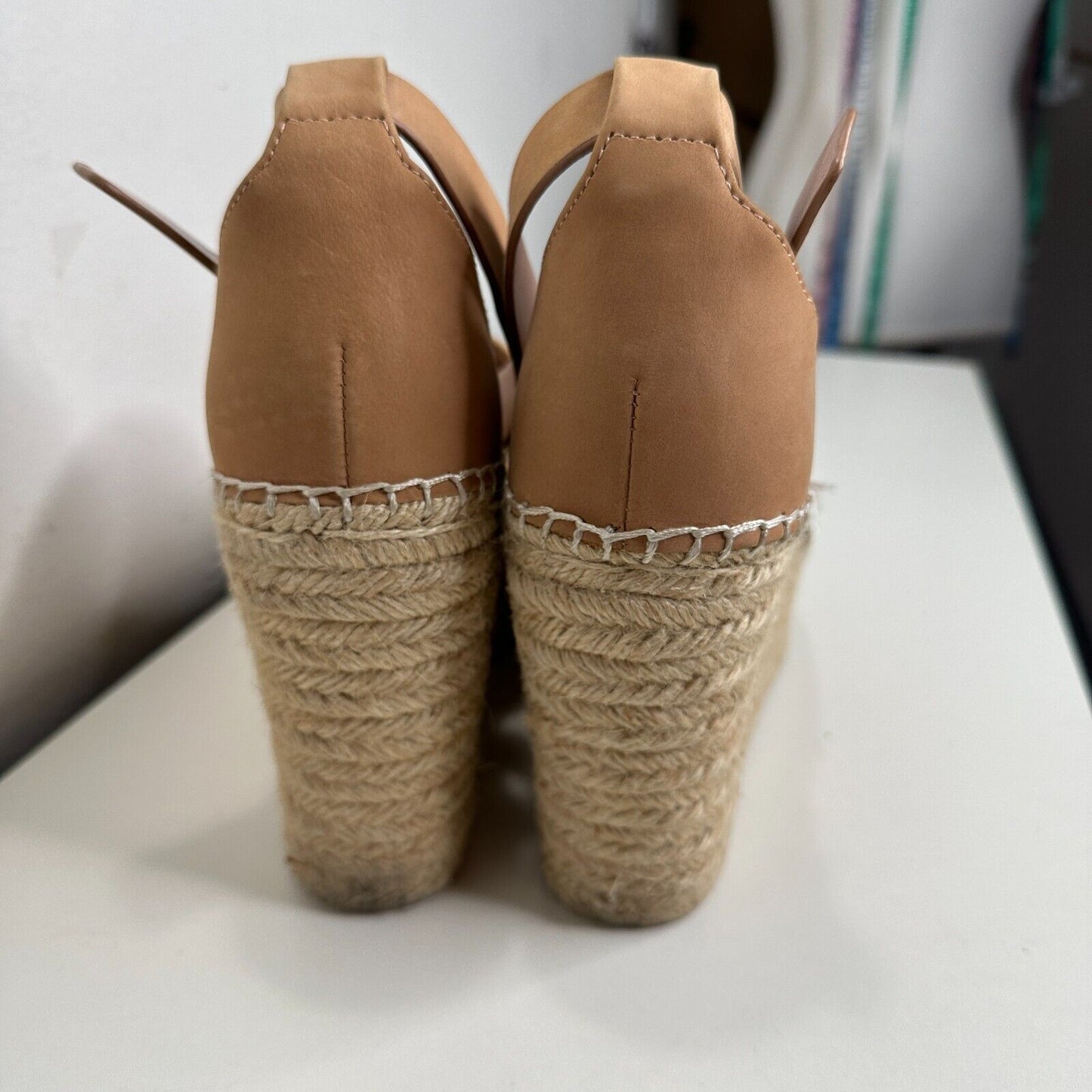 Marc Fisher Cute Tan Adalyne Platform Leather Open Toe Espadrille Wedges 7.5