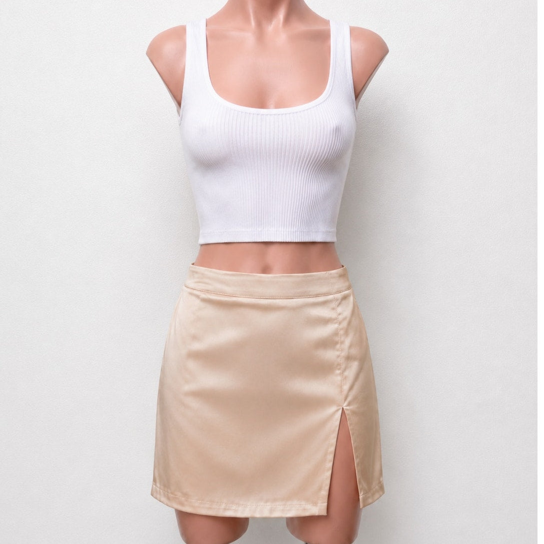 Silkhour Ayu Champagne Satin Skirt Front Kick Split Back Zip Back Sexy Mini SM