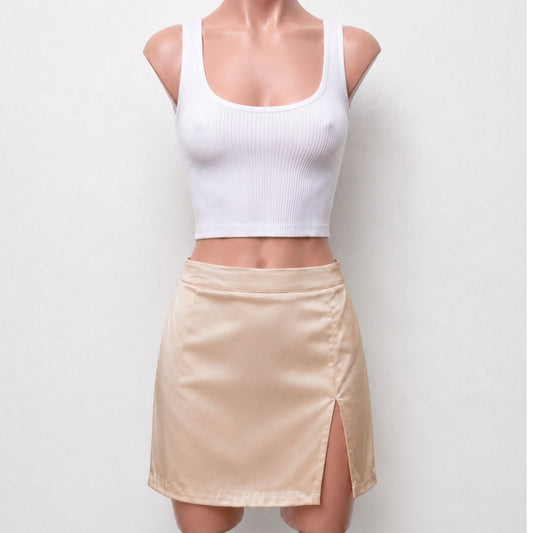 Silkhour Ayu Champagne Satin Skirt Front Kick Split Back Zip Back Sexy Mini SM