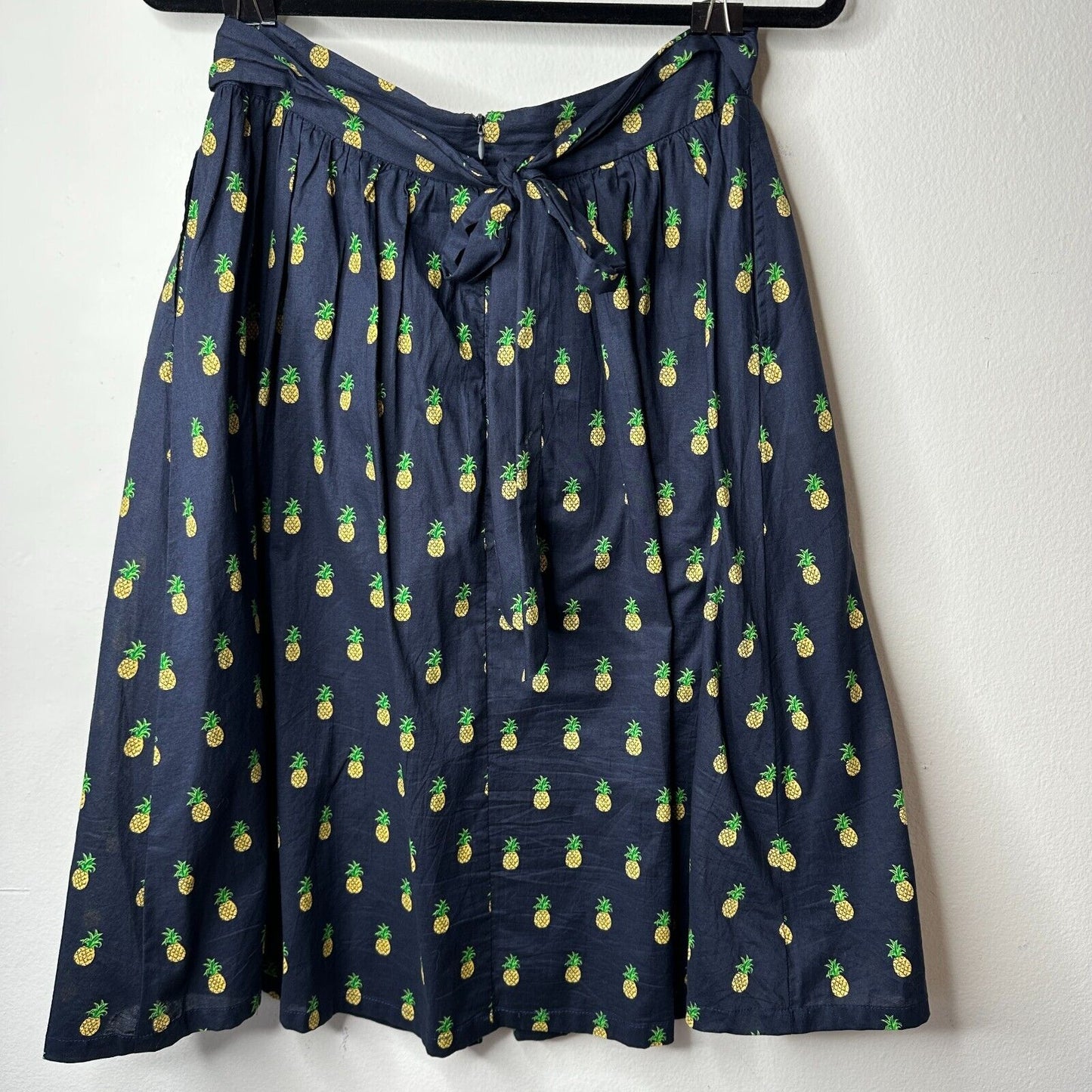 Mo:Vint NY Navy Pineapple Print Pleated Tie Pocket Circle Cotton Midi Skirt SM